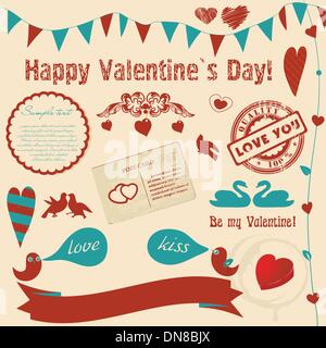Valentine`s background with retro elements and banners (hearts, birds, frames) Stock Vector